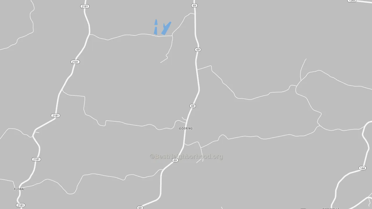 Walk Grade map of Goering, KY, walkable areas in green and car-dependent areas in red