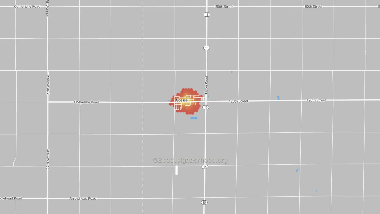 Walk Grade map of Goessel, KS, walkable areas in green and car-dependent areas in red