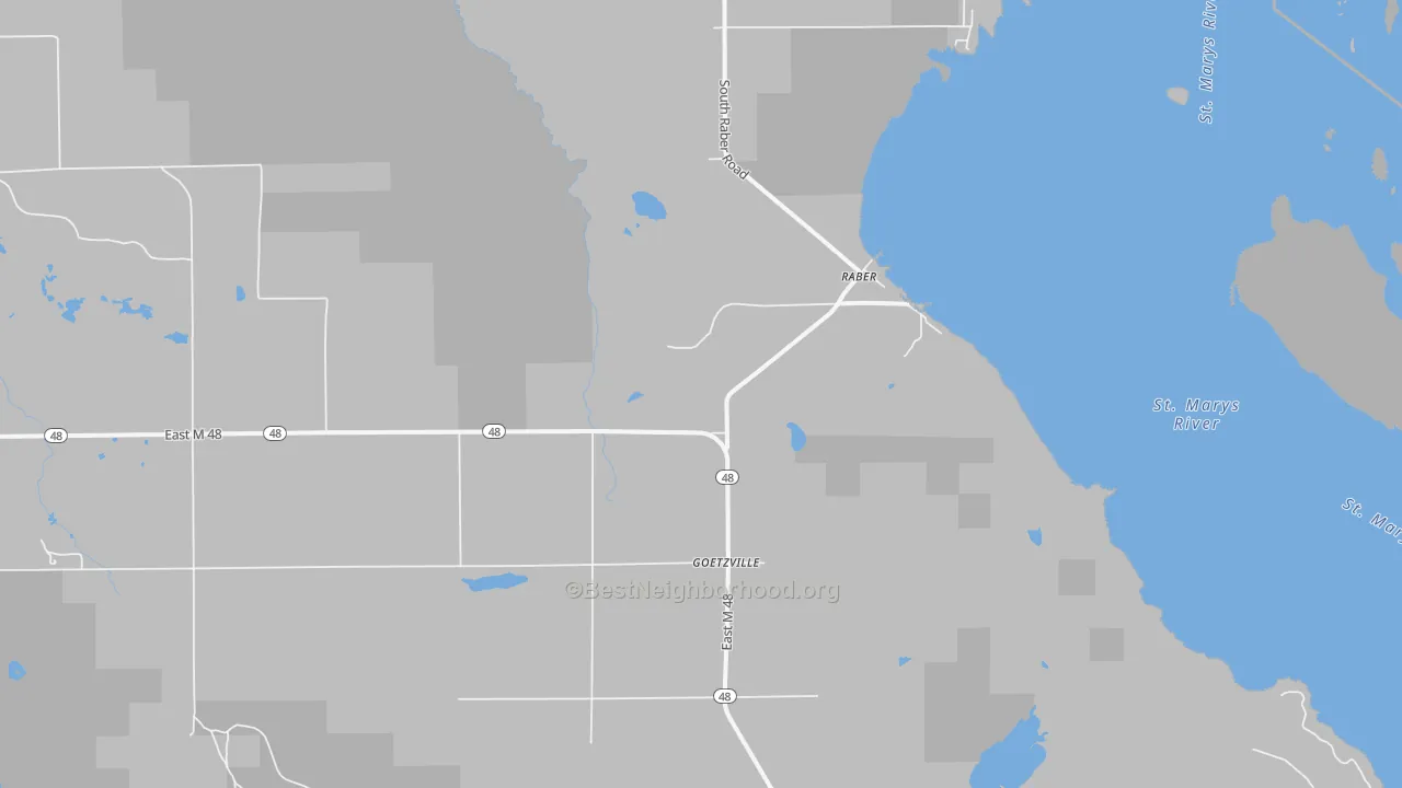 Walk Grade map of Goetzville, MI, walkable areas in green and car-dependent areas in red