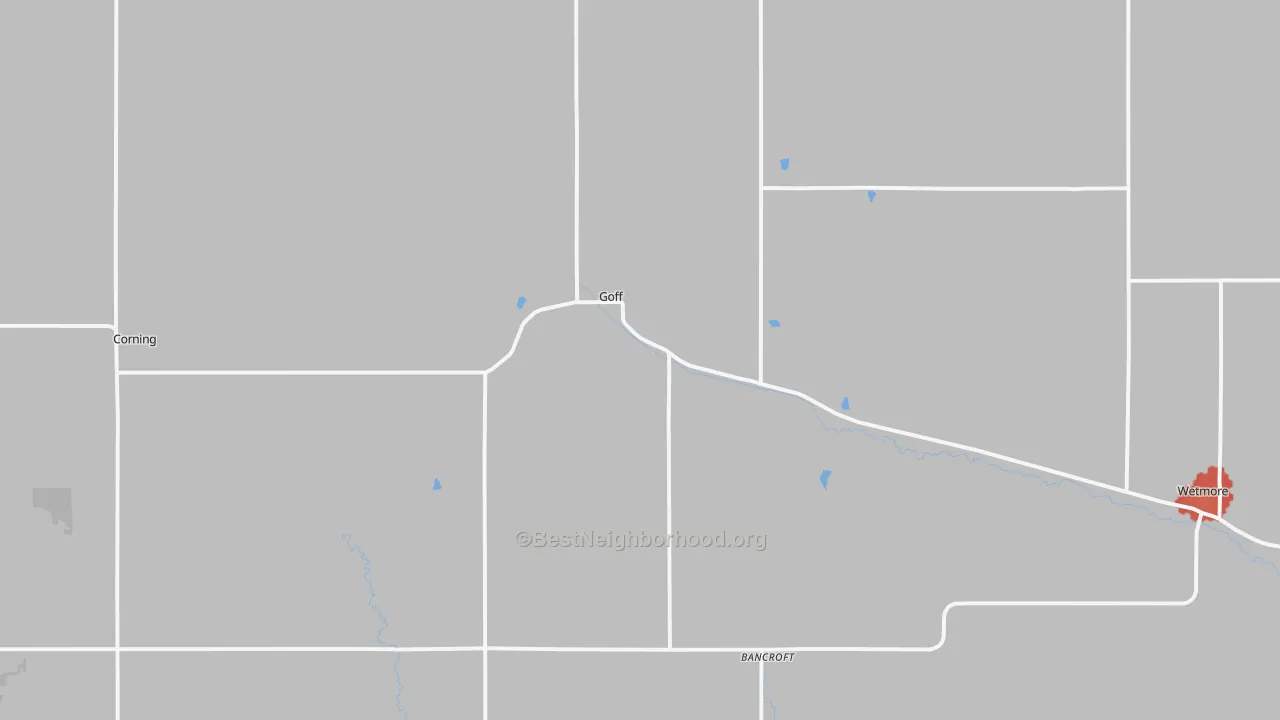 Walk Grade map of Goff, KS, walkable areas in green and car-dependent areas in red