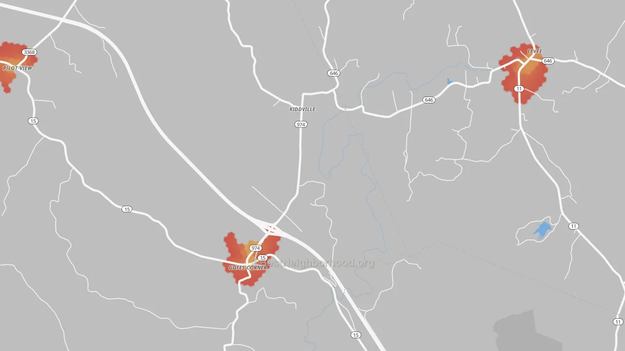 Walk Grade map of Goffs Corner, KY, walkable areas in green and car-dependent areas in red