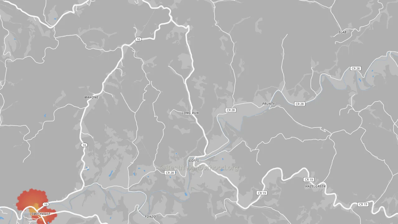 Walk Grade map of Goffs, WV, walkable areas in green and car-dependent areas in red