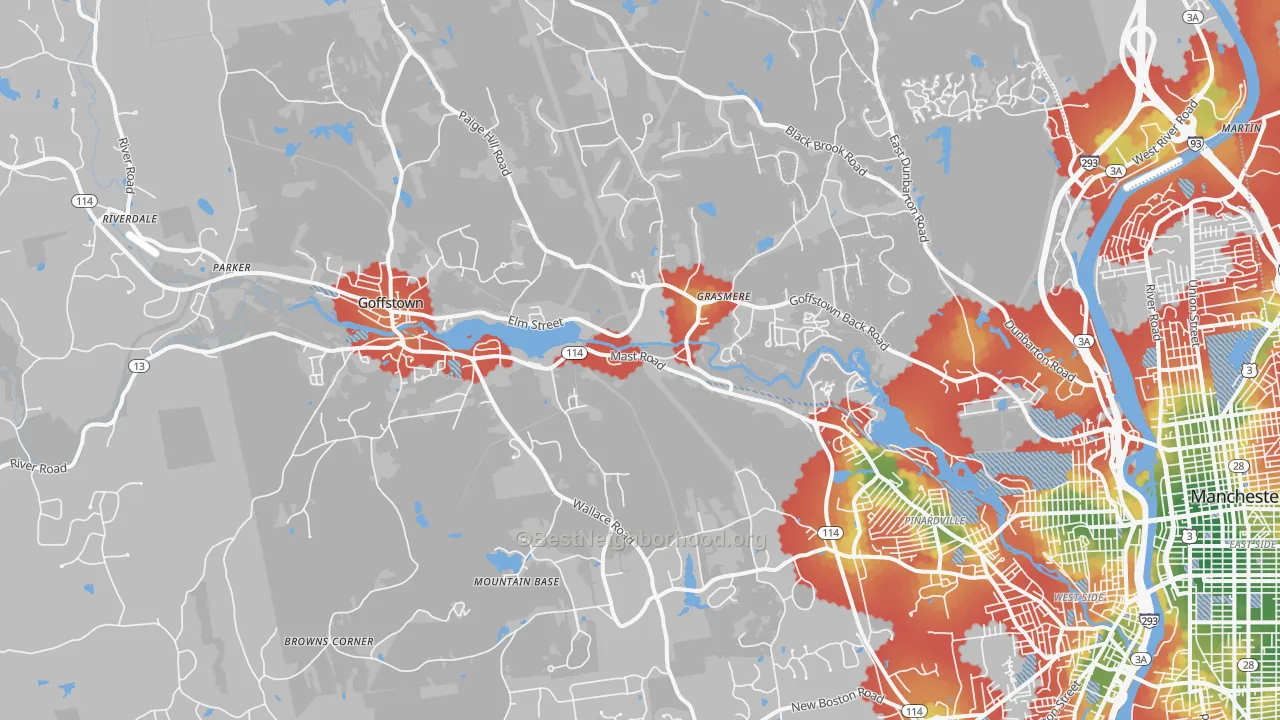 Walk Grade map of Goffstown, NH, walkable areas in green and car-dependent areas in red
