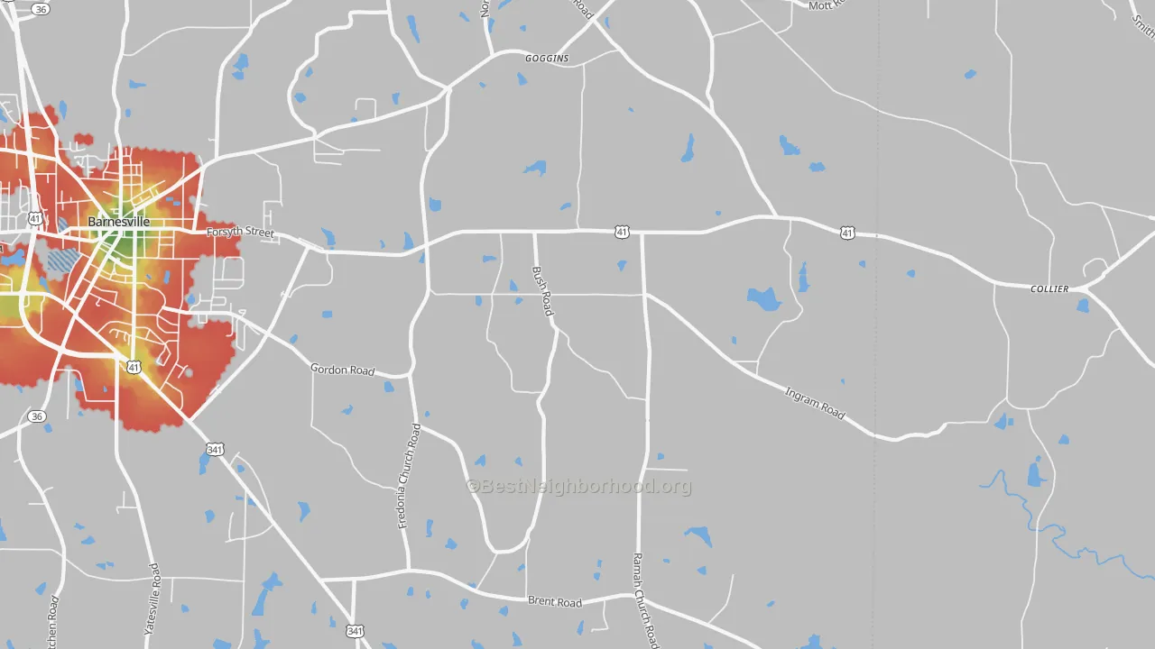 Walk Grade map of Goggins, GA, walkable areas in green and car-dependent areas in red