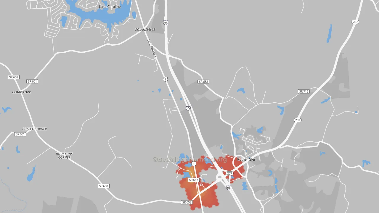 Walk Grade map of Golansville, VA, walkable areas in green and car-dependent areas in red