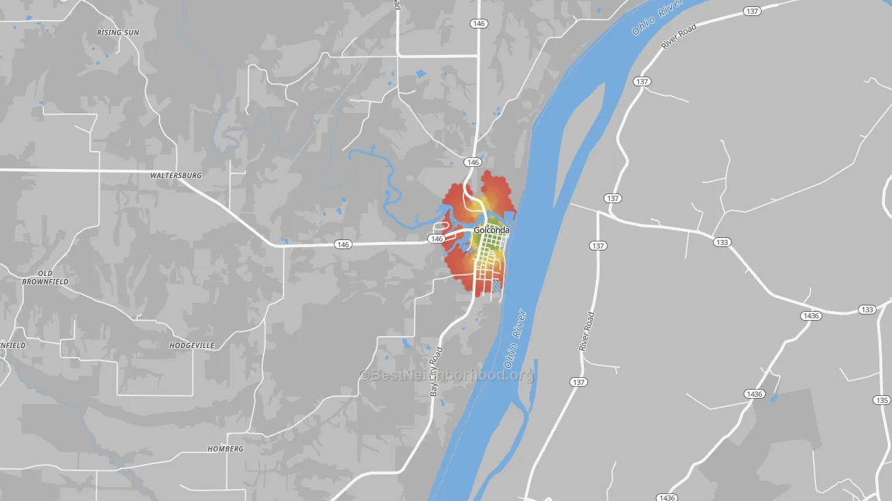 Walk Grade map of Golconda, IL, walkable areas in green and car-dependent areas in red