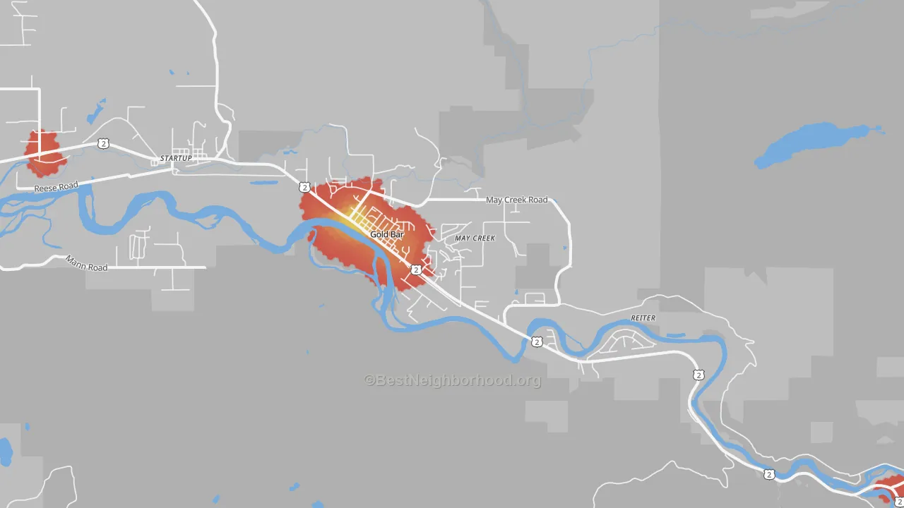 Walk Grade map of Gold Bar, WA, walkable areas in green and car-dependent areas in red