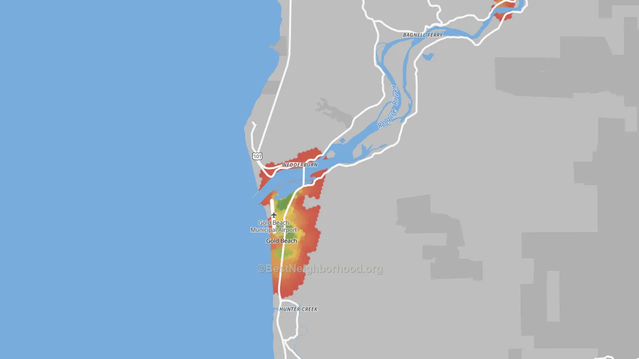 Walk Grade map of Gold Beach, OR, walkable areas in green and car-dependent areas in red