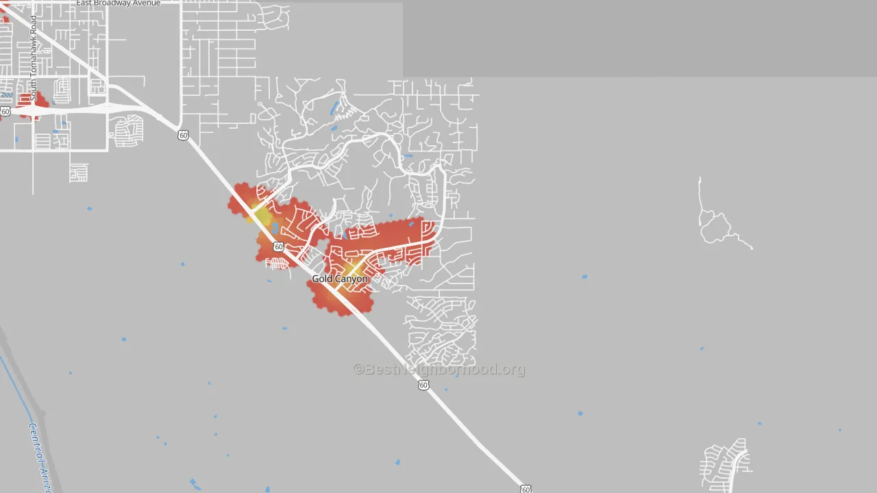 Walk Grade map of Gold Canyon, AZ, walkable areas in green and car-dependent areas in red