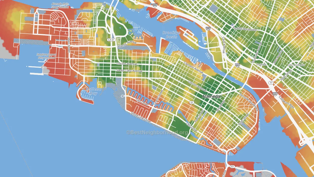 Walk Grade map of Gold Coast, Alameda, CA, walkable areas in green and car-dependent areas in red