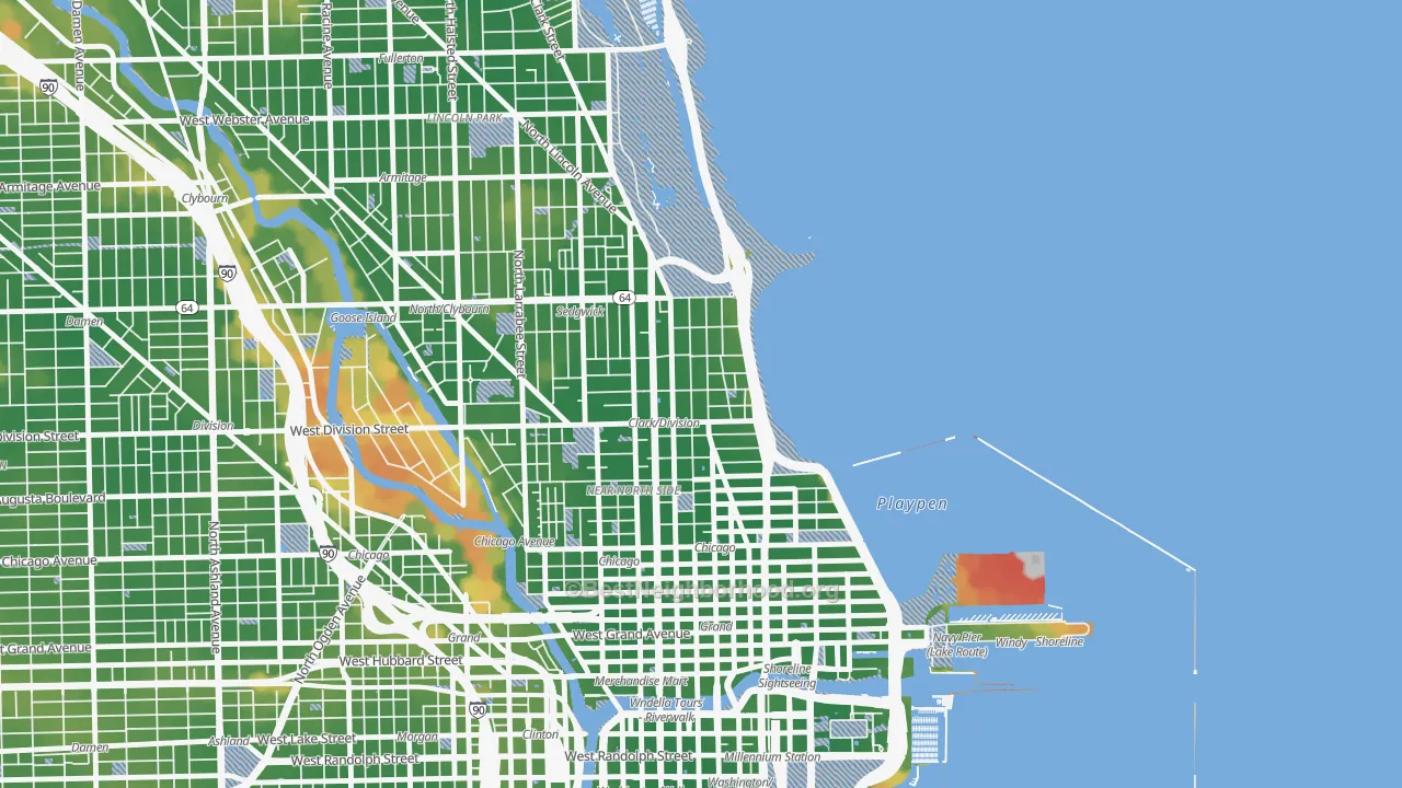 Walk Grade map of Gold Coast, Chicago, IL, walkable areas in green and car-dependent areas in red