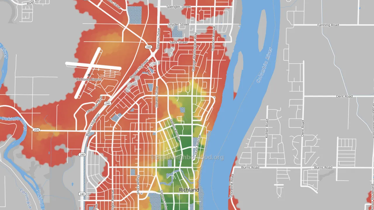 Walk Grade map of Gold Coast, Richland, WA, walkable areas in green and car-dependent areas in red