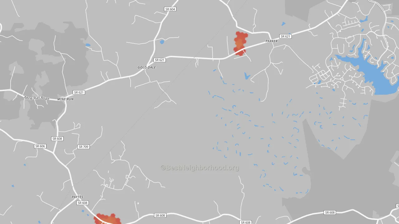 Walk Grade map of Gold Dale, VA, walkable areas in green and car-dependent areas in red
