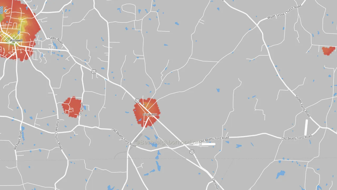 Walk Grade map of Gold Hill, NC, walkable areas in green and car-dependent areas in red
