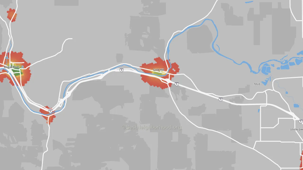 Walk Grade map of Gold Hill, OR, walkable areas in green and car-dependent areas in red