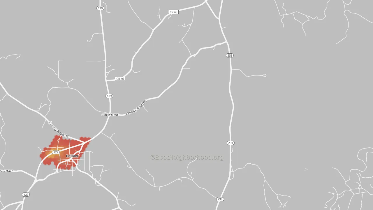 Walk Grade map of Gold Mine, AL, walkable areas in green and car-dependent areas in red