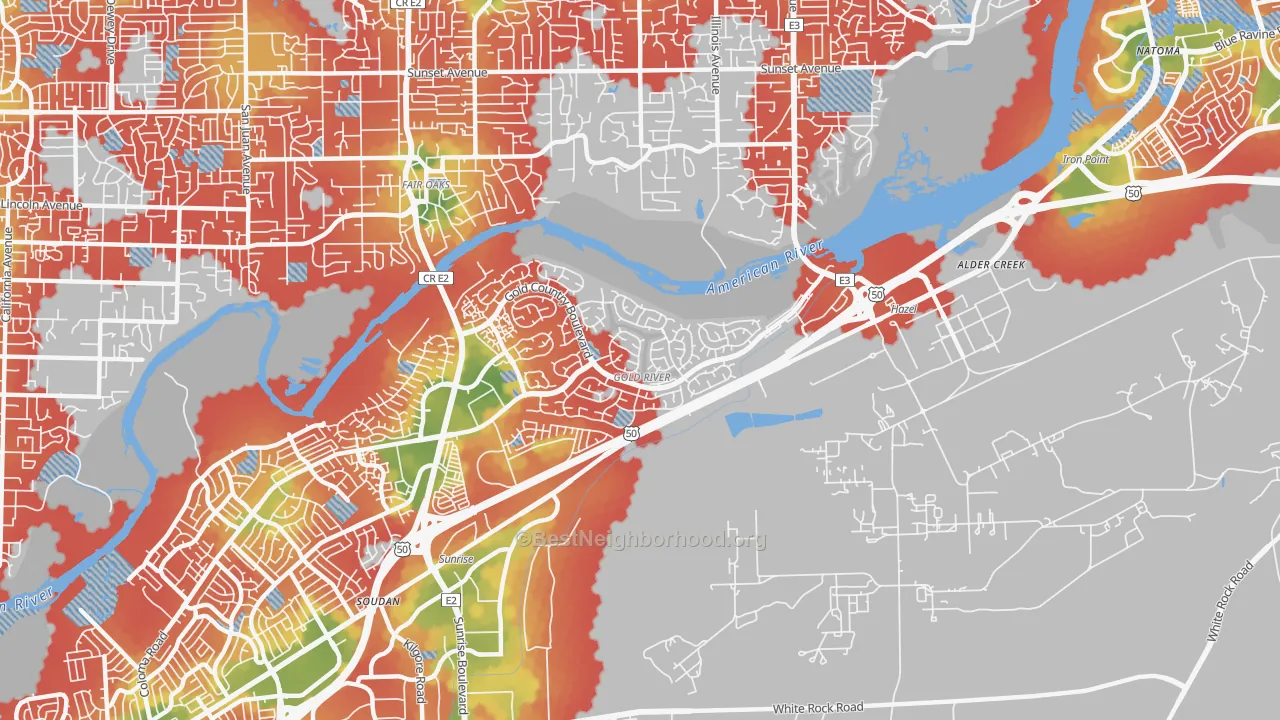 Walk Grade map of Gold River, CA, walkable areas in green and car-dependent areas in red