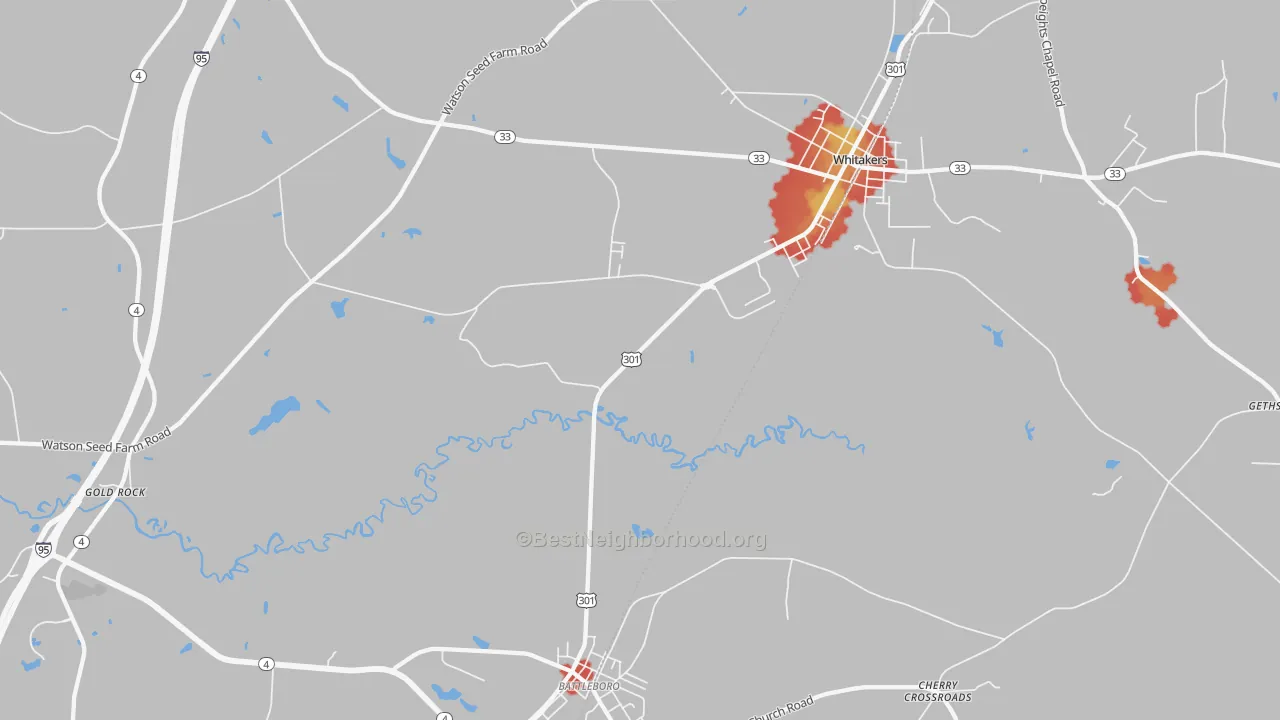 Walk Grade map of Gold Rock, NC, walkable areas in green and car-dependent areas in red