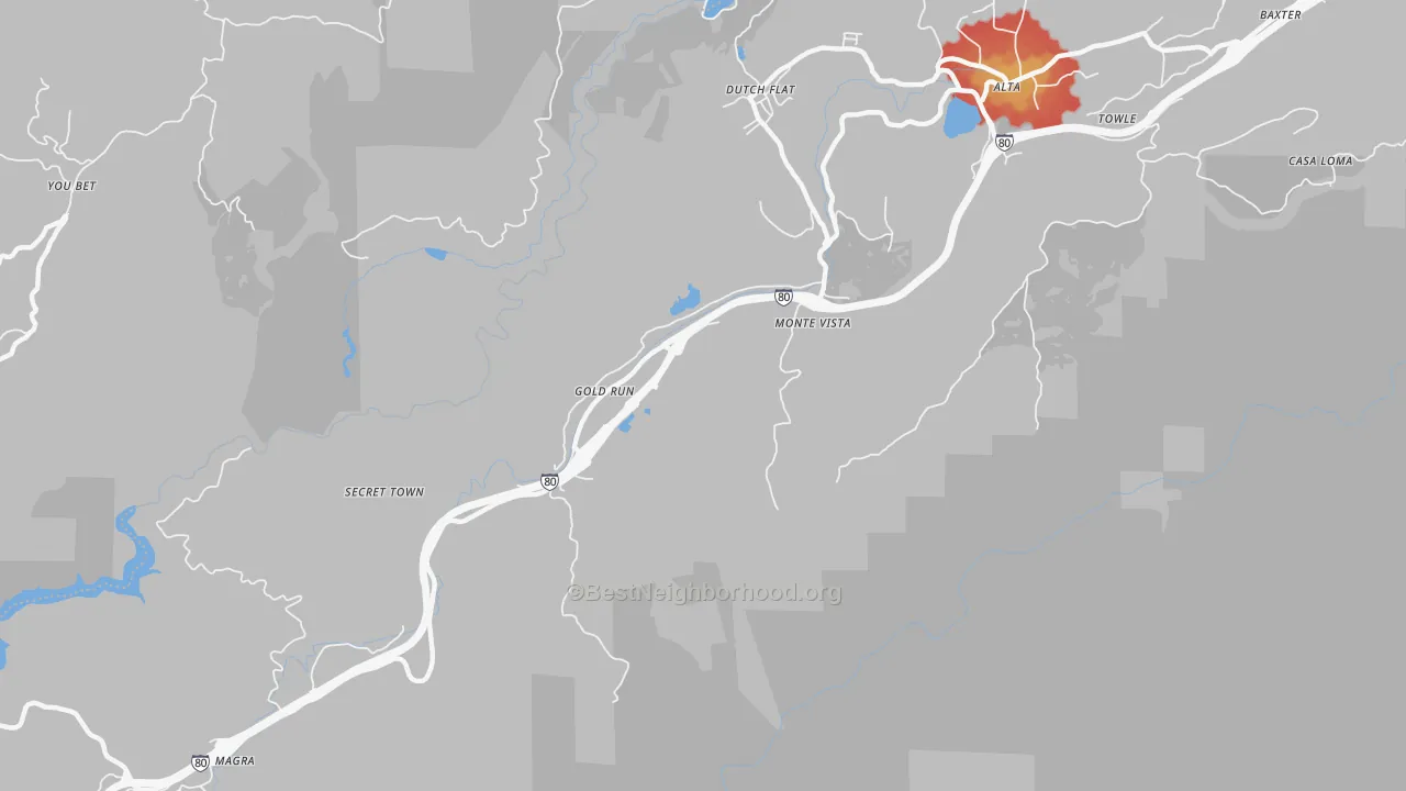 Walk Grade map of Gold Run, CA, walkable areas in green and car-dependent areas in red
