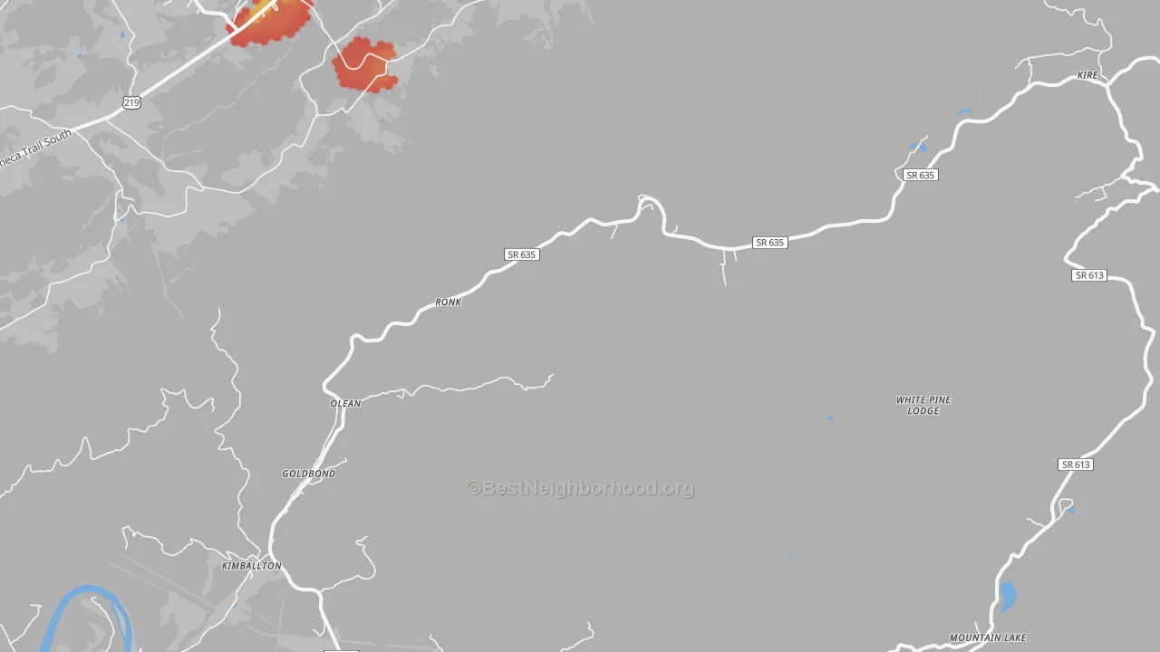 Walk Grade map of Goldbond, VA, walkable areas in green and car-dependent areas in red