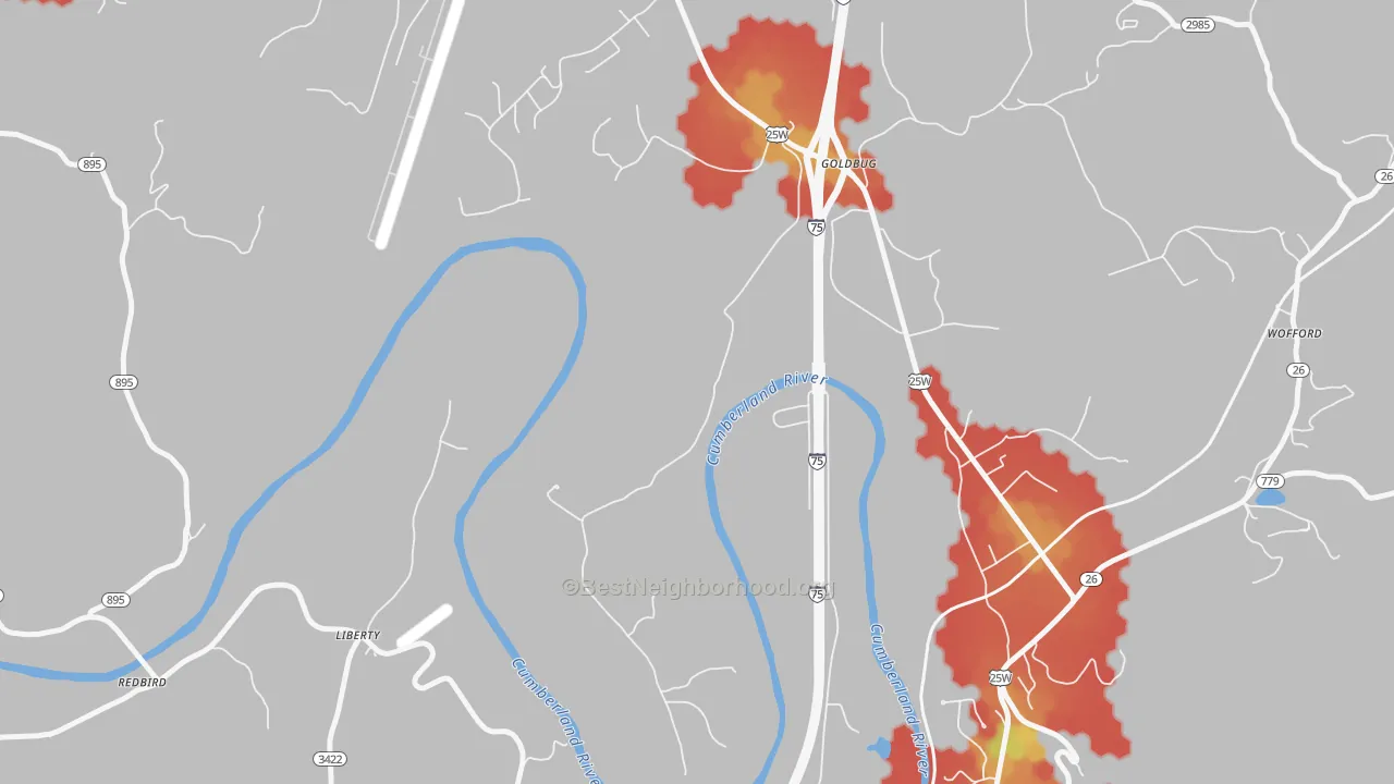 Walk Grade map of Goldbug, KY, walkable areas in green and car-dependent areas in red