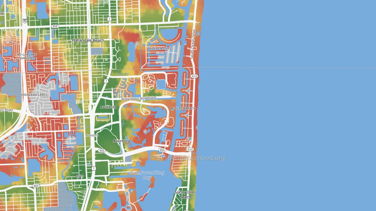 Walk Grade map of Golden Beach, FL, walkable areas in green and car-dependent areas in red