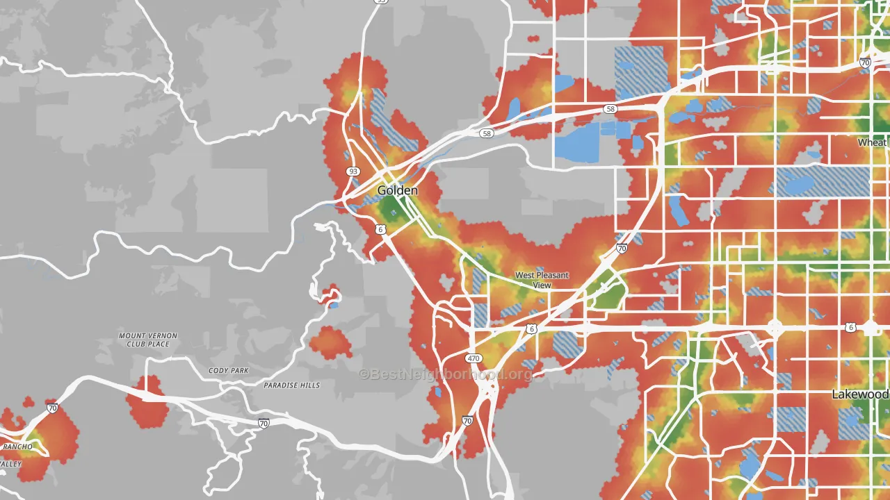 Walk Grade map of Golden, CO, walkable areas in green and car-dependent areas in red