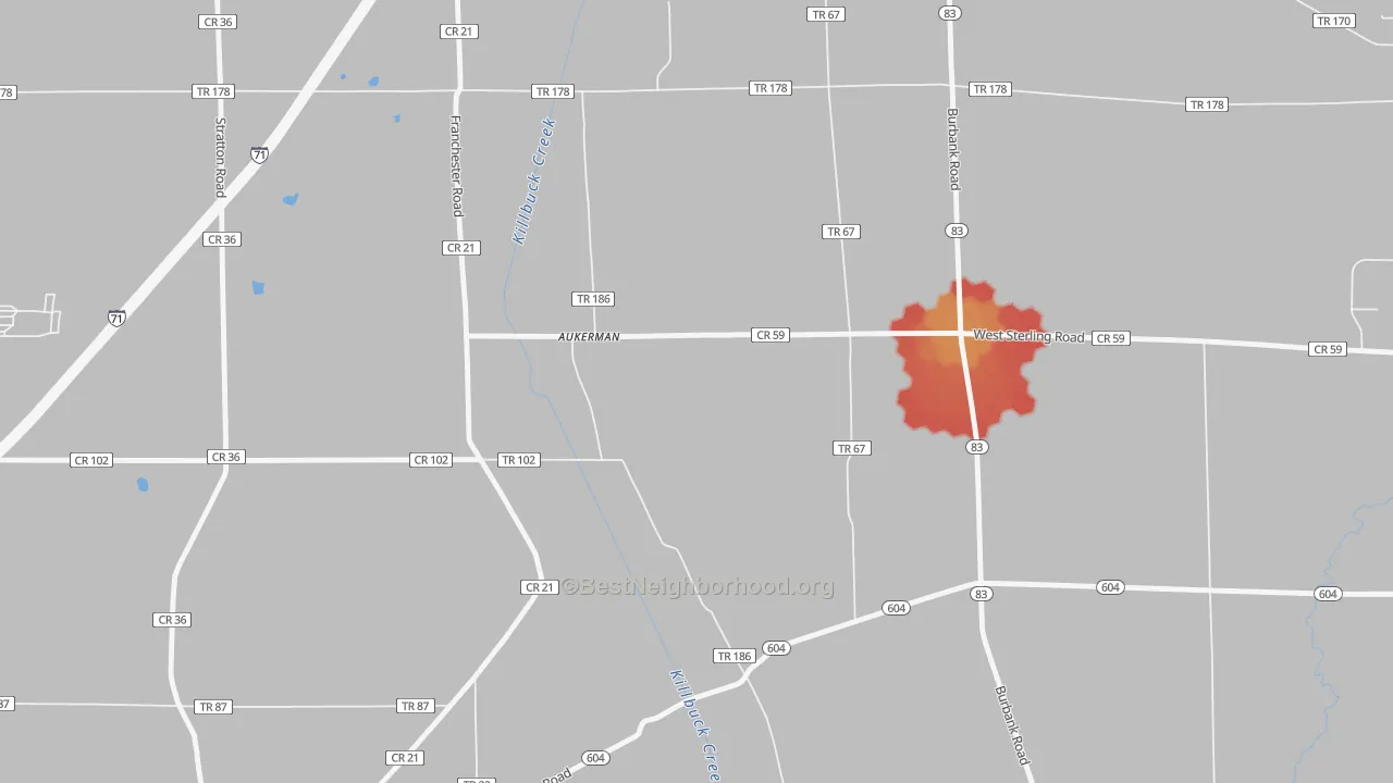 Walk Grade map of Golden Corners, OH, walkable areas in green and car-dependent areas in red
