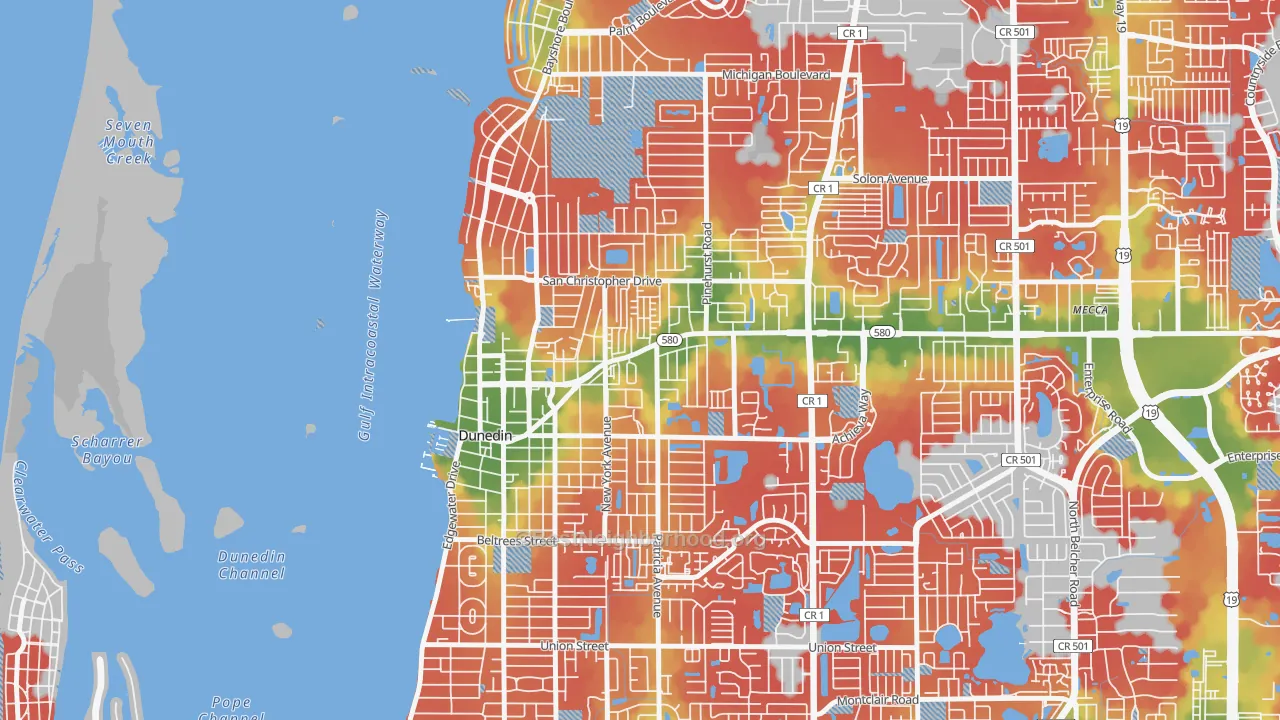 Walk Grade map of Golden Crest, Dunedin, FL, walkable areas in green and car-dependent areas in red