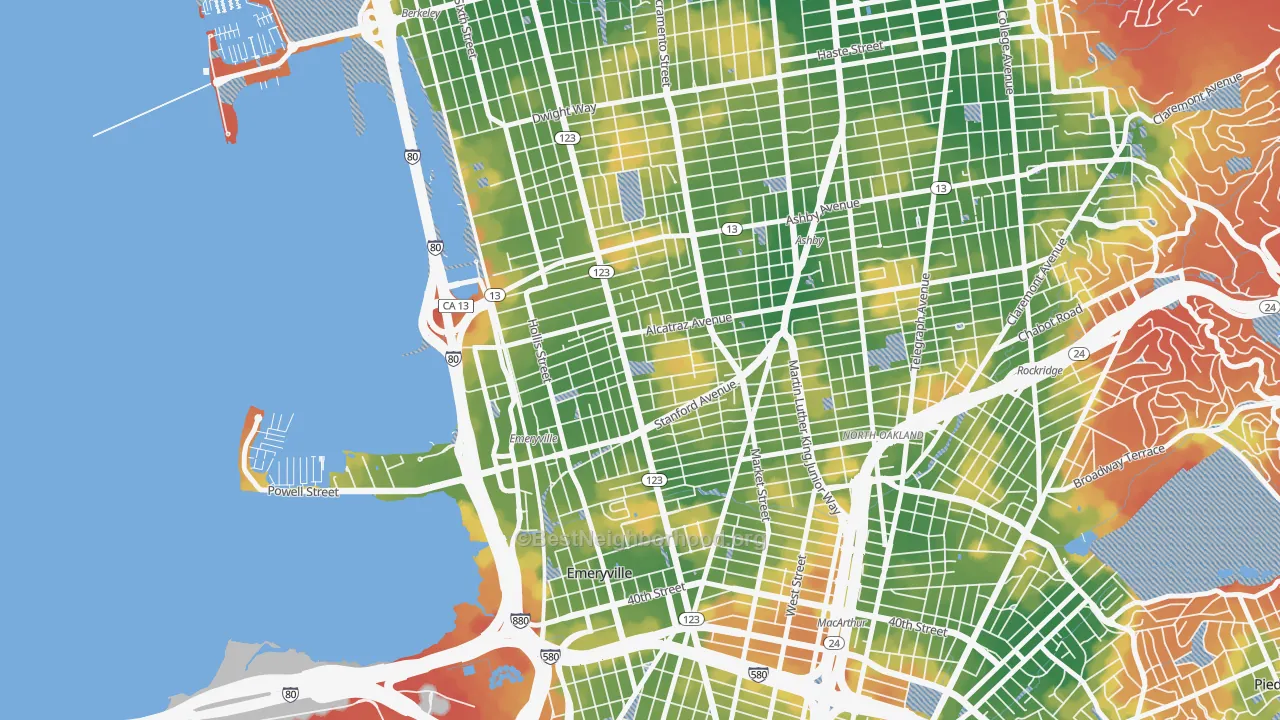 Walk Grade map of Golden Gate, Emeryville, CA, walkable areas in green and car-dependent areas in red