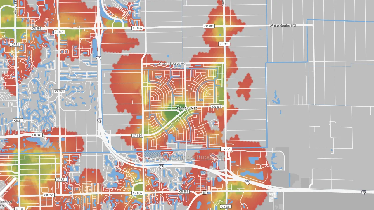 Walk Grade map of Golden Gate, FL, walkable areas in green and car-dependent areas in red