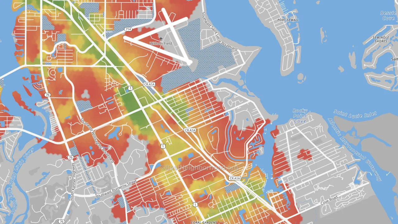 Walk Grade map of Golden Gate, Stuart, FL, walkable areas in green and car-dependent areas in red