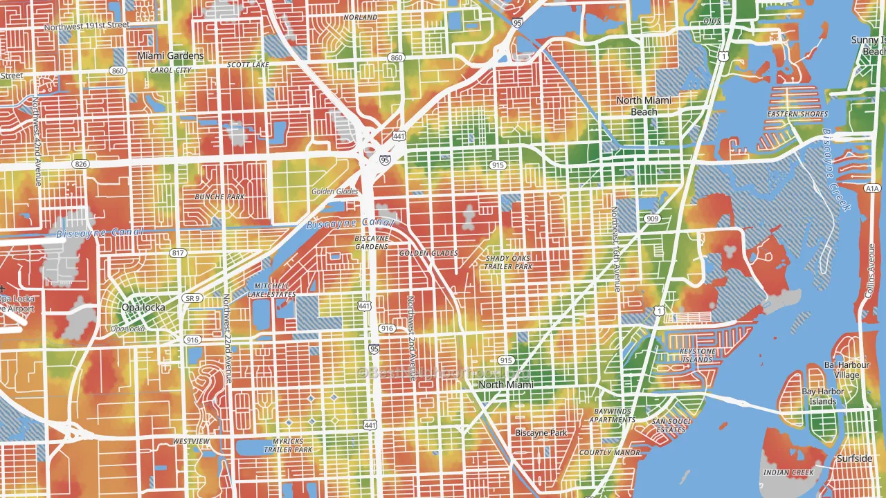 Walk Grade map of Golden Glades, FL, walkable areas in green and car-dependent areas in red