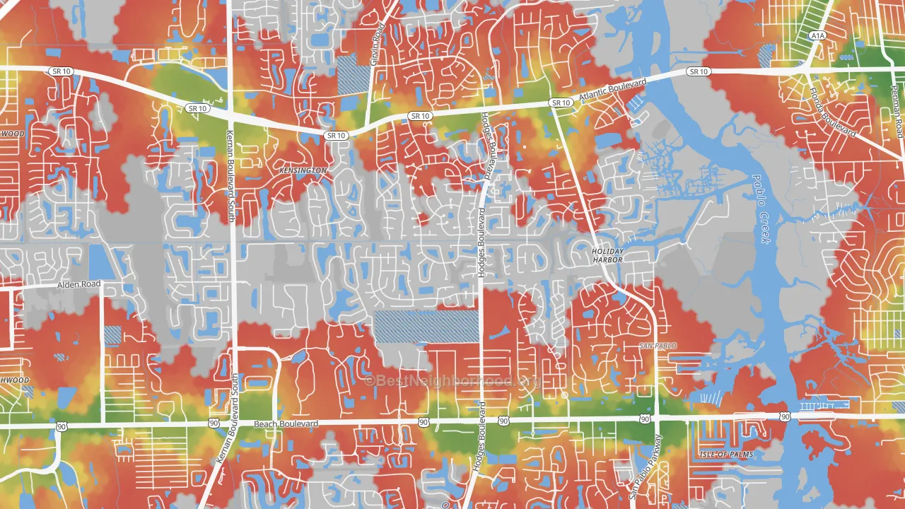 Walk Grade map of Golden Glades-The Woods, Jacksonville, FL, walkable areas in green and car-dependent areas in red