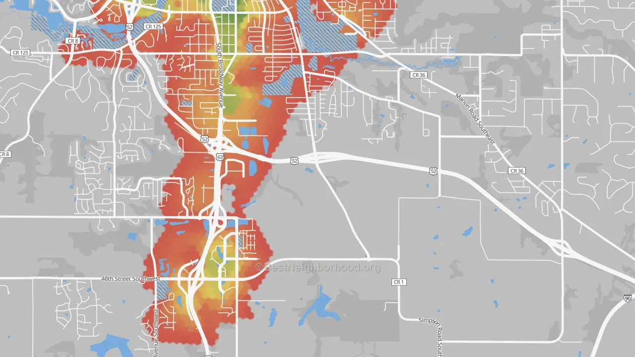 Walk Grade map of Golden Hill, MN, walkable areas in green and car-dependent areas in red