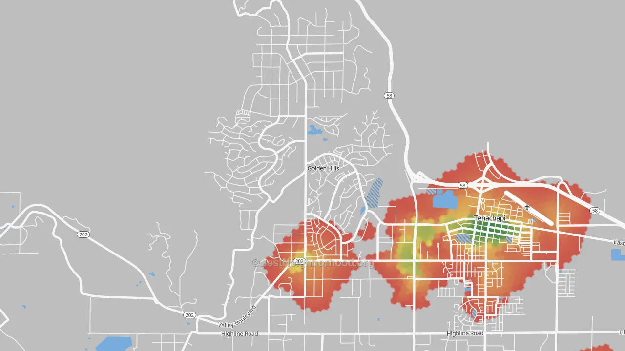 Walk Grade map of Golden Hills, CA, walkable areas in green and car-dependent areas in red