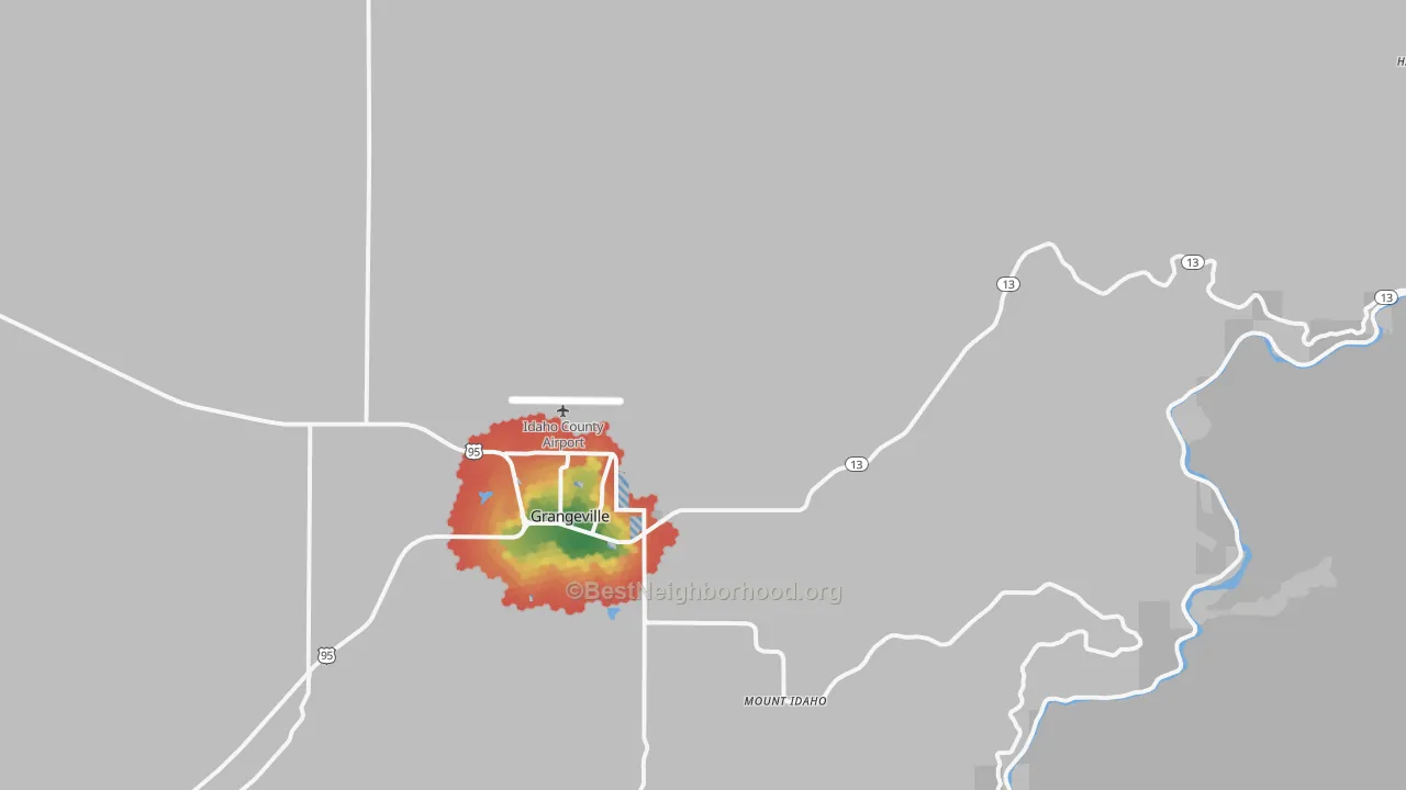 Walk Grade map of Golden, ID, walkable areas in green and car-dependent areas in red