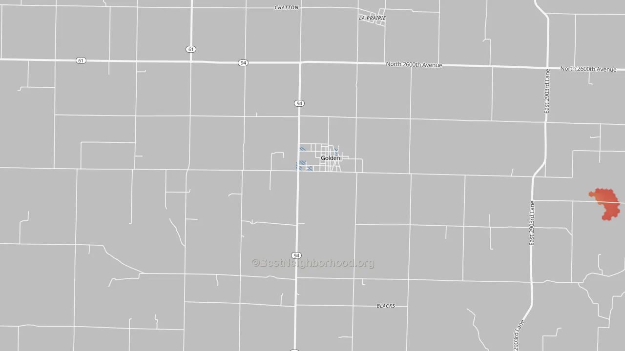Walk Grade map of Golden, IL, walkable areas in green and car-dependent areas in red
