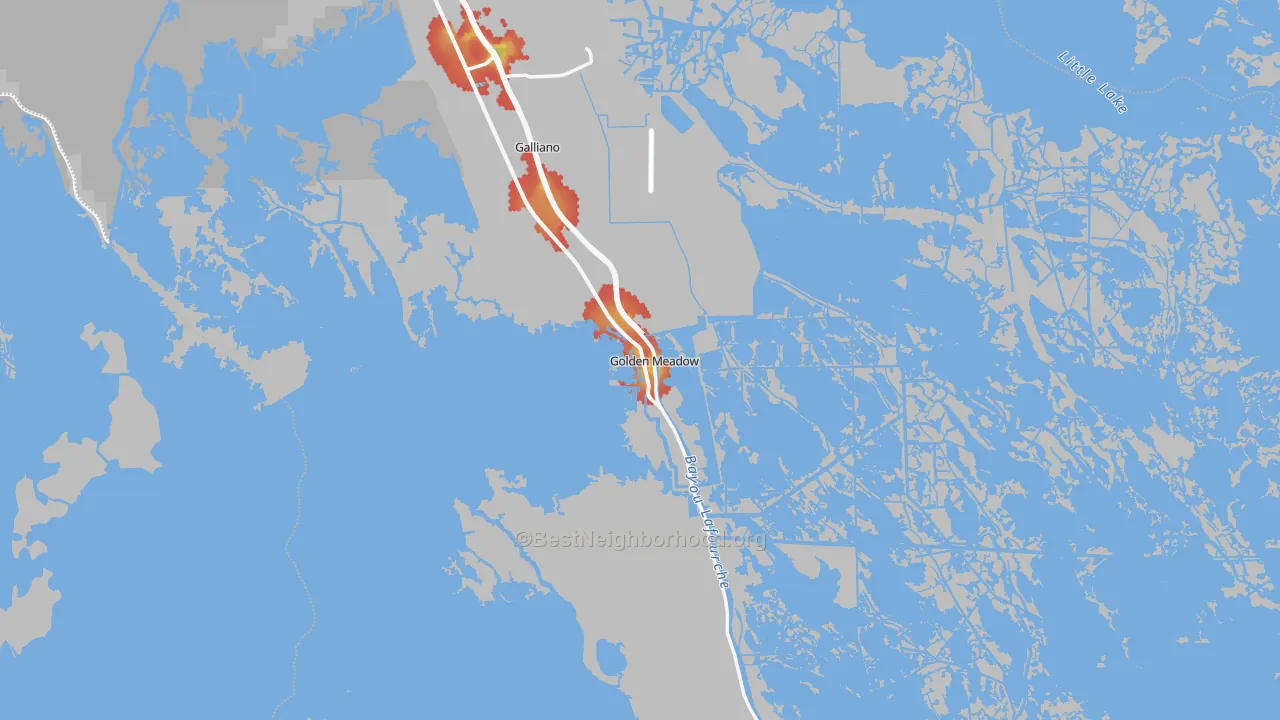 Walk Grade map of Golden Meadow, LA, walkable areas in green and car-dependent areas in red