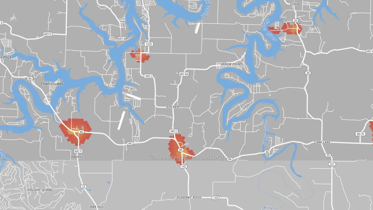 Walk Grade map of Golden, MO, walkable areas in green and car-dependent areas in red