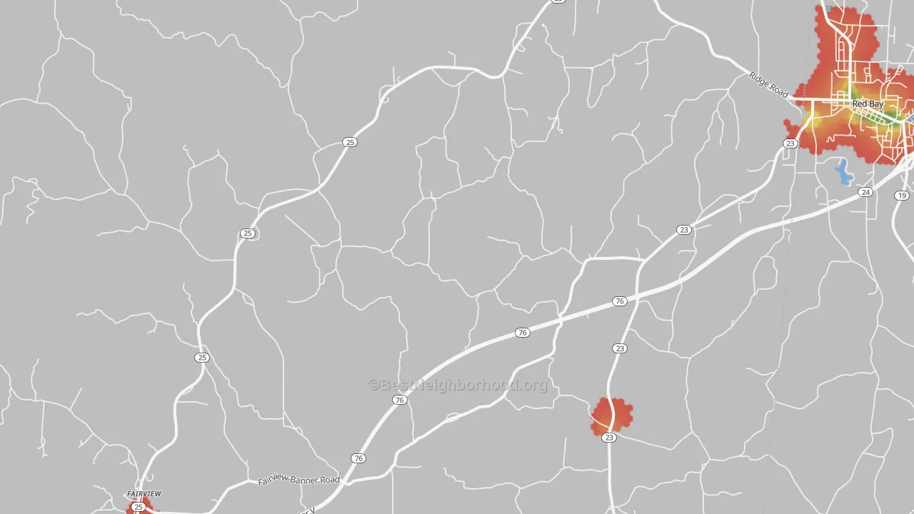 Walk Grade map of Golden, MS, walkable areas in green and car-dependent areas in red