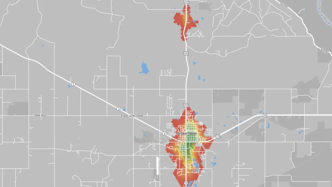 Walk Grade map of Golden, OK, walkable areas in green and car-dependent areas in red