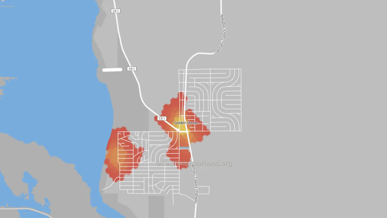 Walk Grade map of Golden Shores, AZ, walkable areas in green and car-dependent areas in red