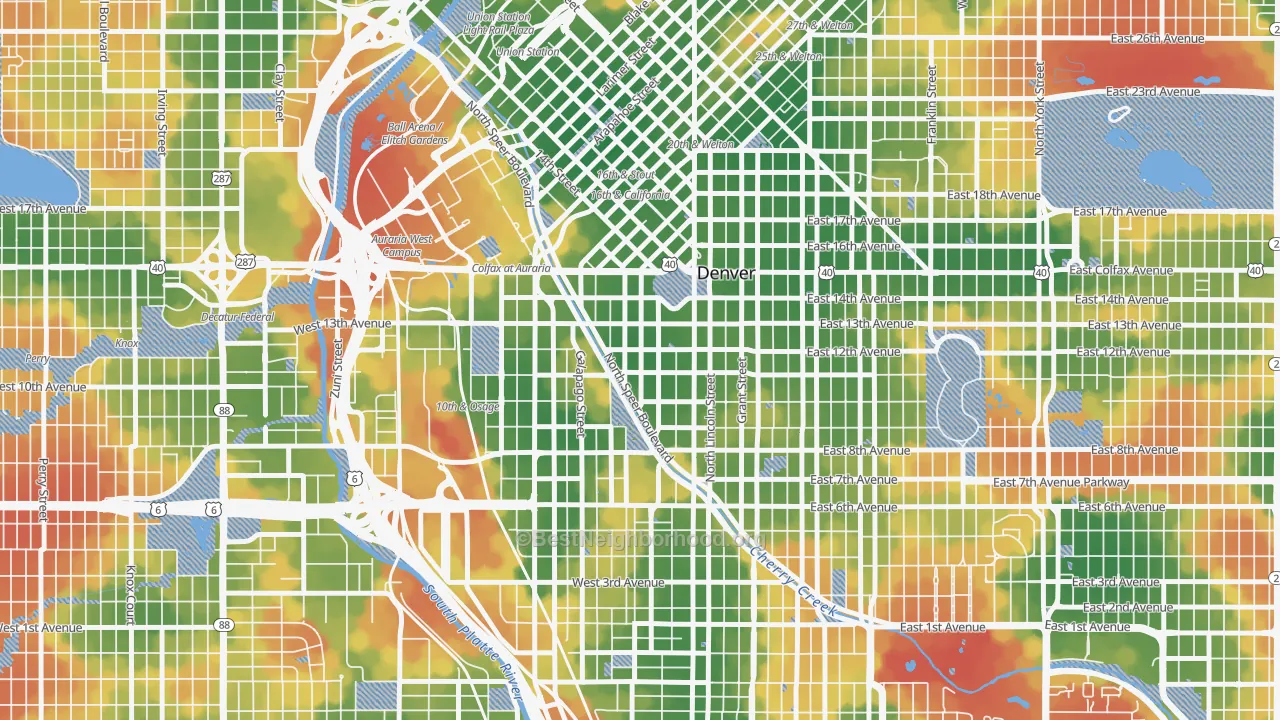 Walk Grade map of Golden Triangle, Denver, CO, walkable areas in green and car-dependent areas in red