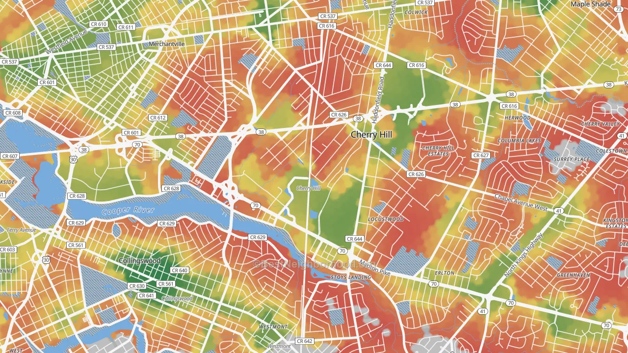 Walk Grade map of Golden Triangle, NJ, walkable areas in green and car-dependent areas in red