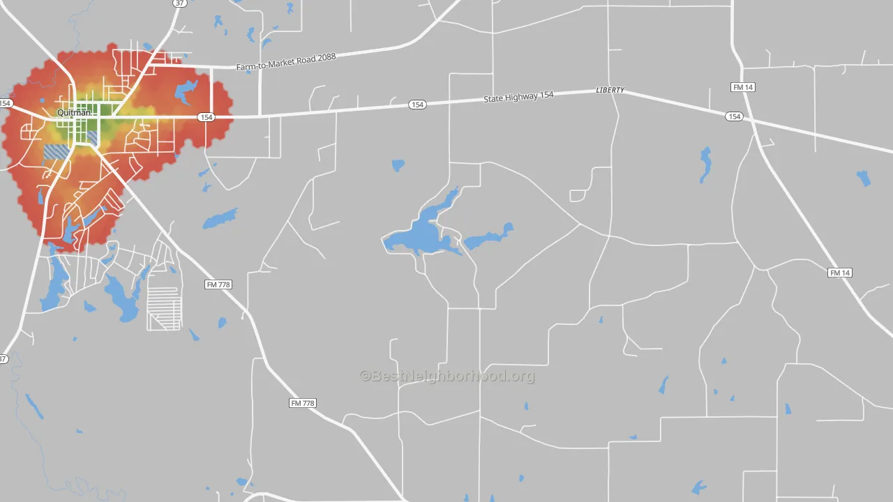 Walk Grade map of Golden, TX, walkable areas in green and car-dependent areas in red
