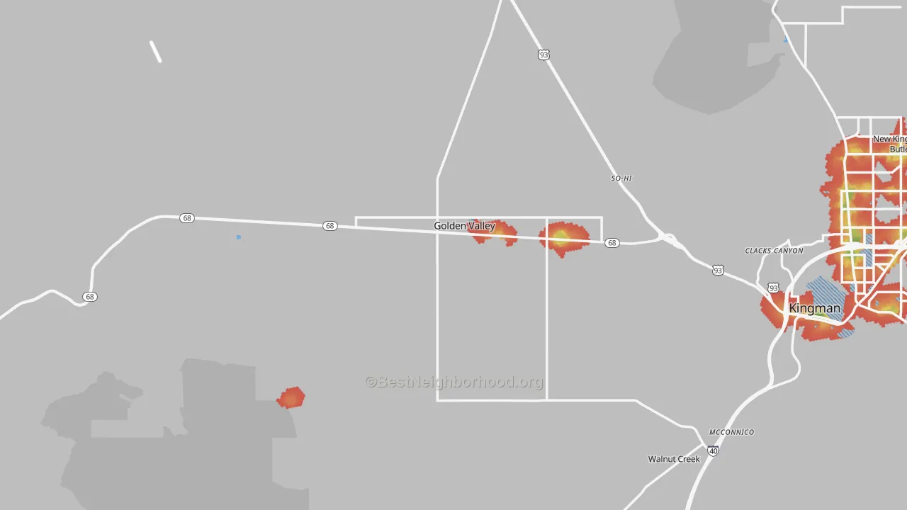 Walk Grade map of Golden Valley, AZ, walkable areas in green and car-dependent areas in red