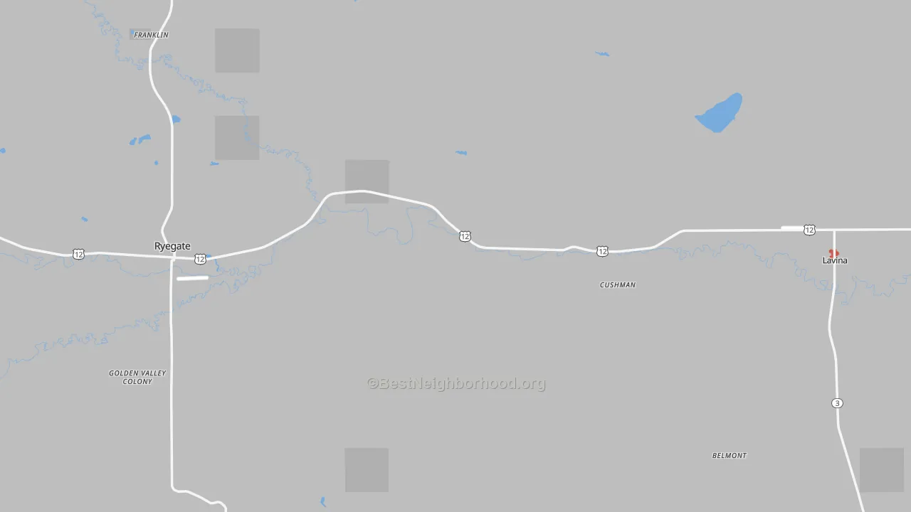 Walk Grade map of Golden Valley County, MT, walkable areas in green and car-dependent areas in red