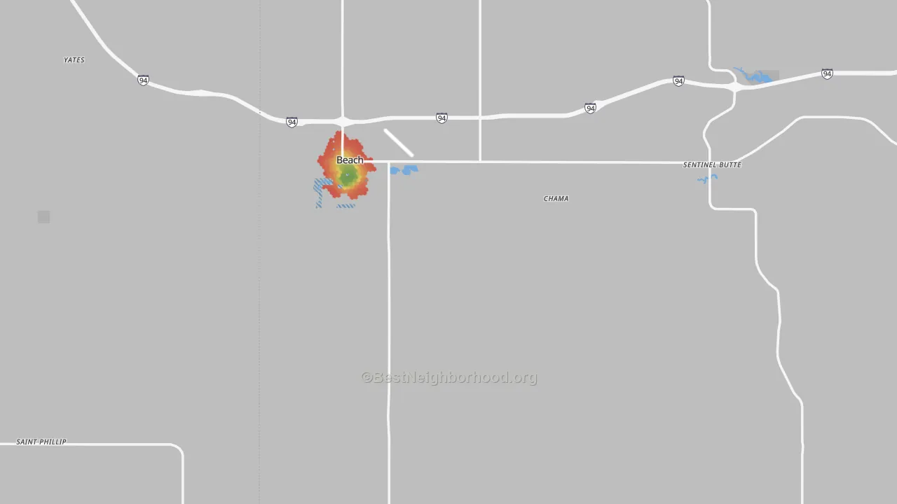 Walk Grade map of Golden Valley County, ND, walkable areas in green and car-dependent areas in red