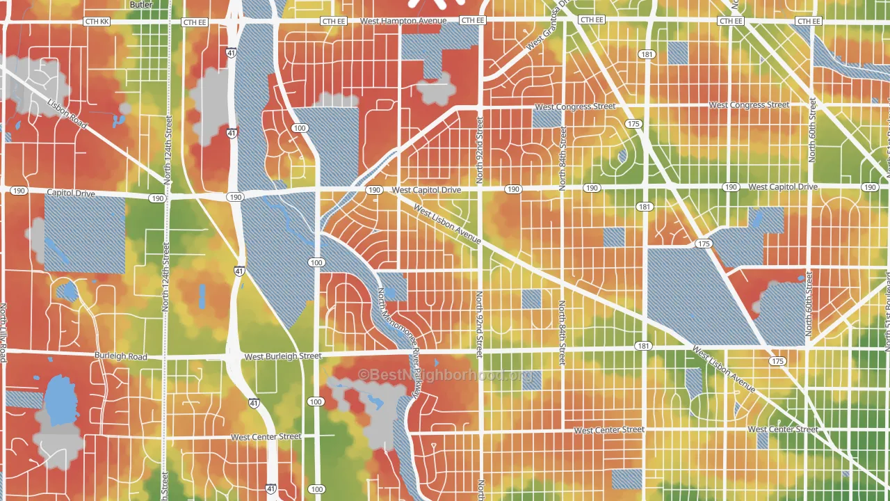Walk Grade map of Golden Valley, Milwaukee, WI, walkable areas in green and car-dependent areas in red